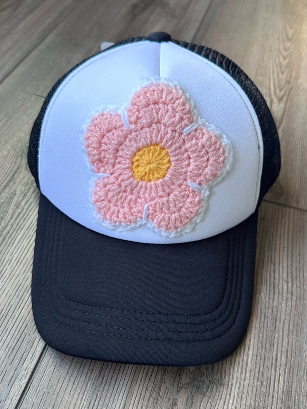 Crochet Pink Daisy Hat Baseball Hat Grannycore Handmade Hat Flower Trucker Hat